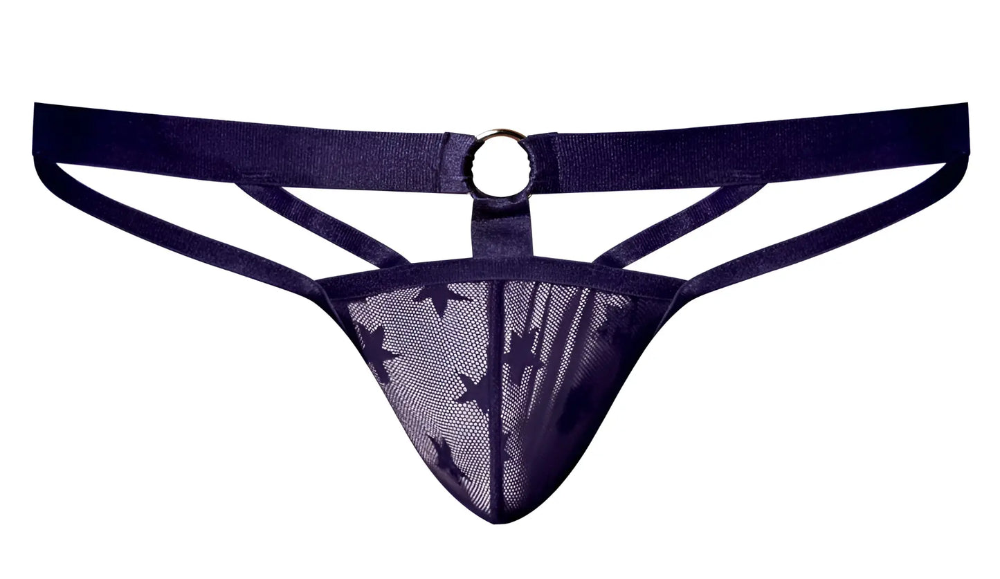 Male power 386-291 love star jock mesh thong in purple with navy blue star pattern and central metal ring