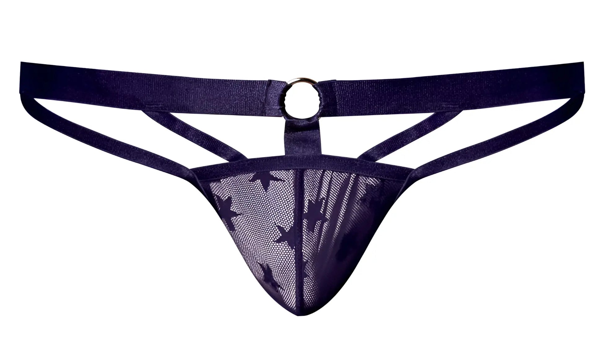 Male power 386-291 love star jock mesh thong in purple with navy blue star pattern and central metal ring