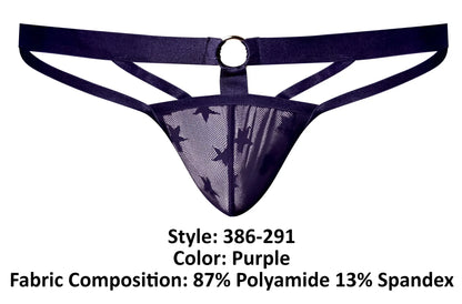 Purple male power love star mesh thong with star pattern dark blue waistband and metal ring