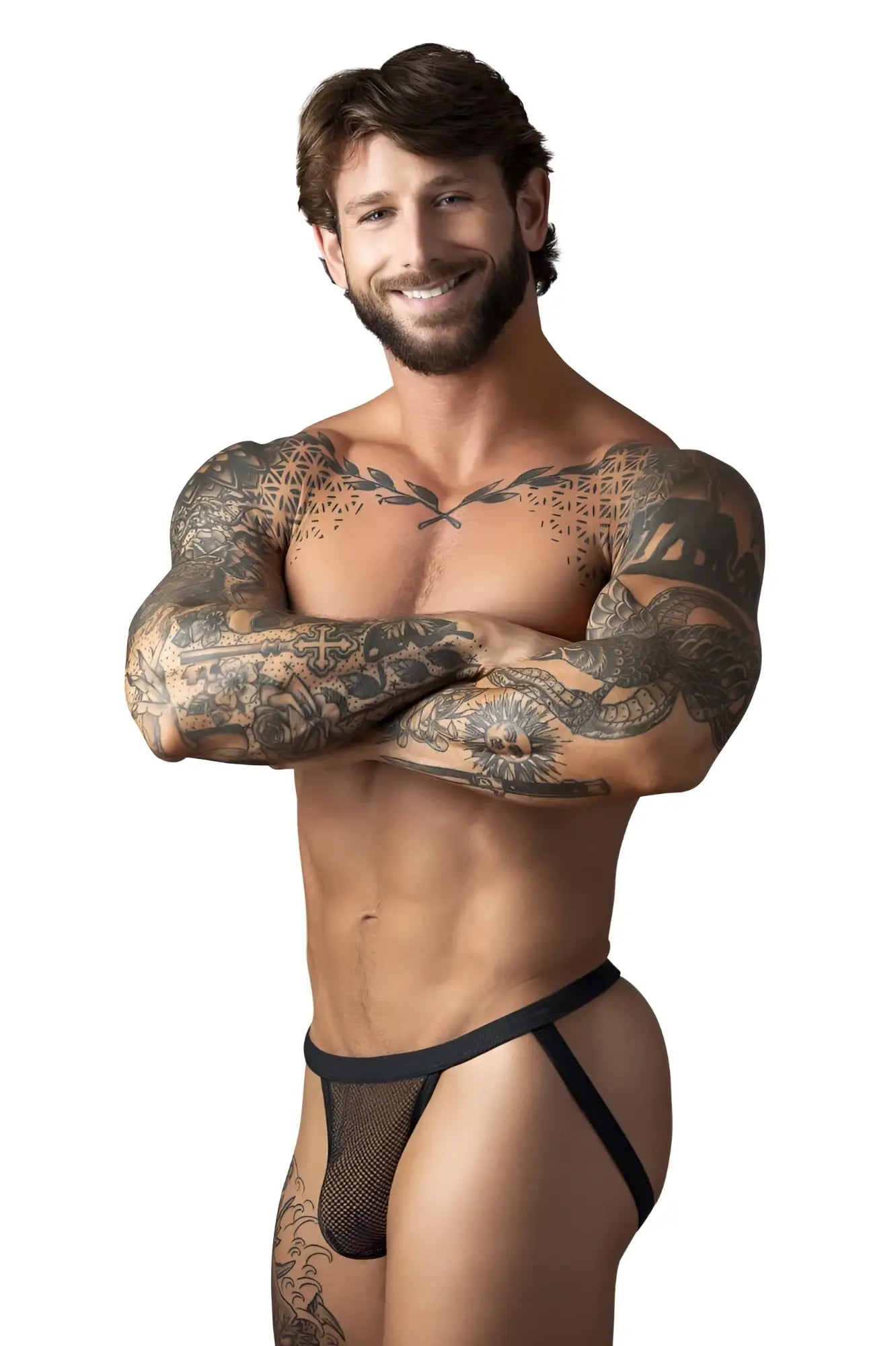 Male power 388-11c fishnet black mesh briefs with solid black waistband designed as a jockstrap