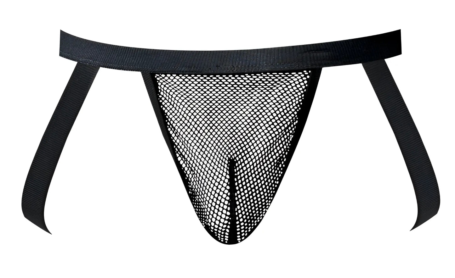 Male power 388-11c fishnet black thong with solid waistband and side straps shown from the back side