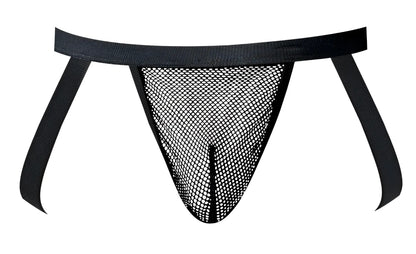 Male power 388-11c fishnet black thong with solid waistband and side straps shown from the back side