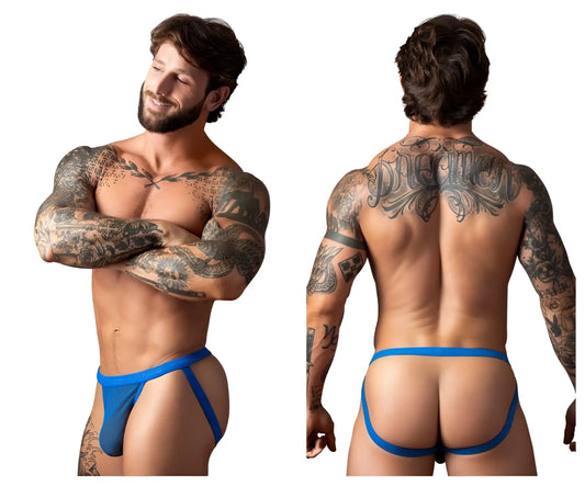 Blue athletic briefs with supportive contoured design and thin side straps male power 388-11c fishnet 2 jockstrap royal