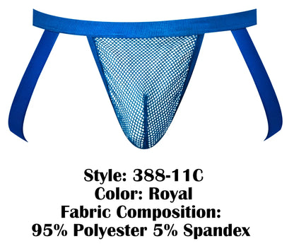 Male power 388-11c fishnet 2 jockstrap in royal blue mesh with solid fabric waistband made of polyester and spandex