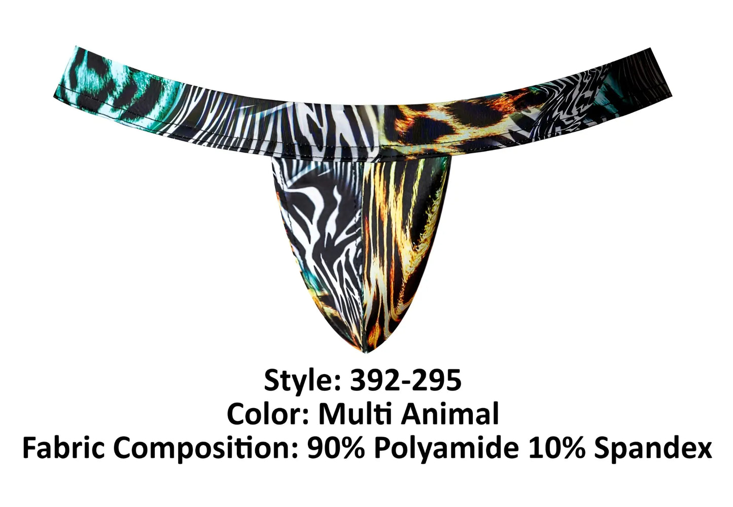 Male power 392-295 go wild sport jock thong with bold zebra and leopard print and teal accents front view