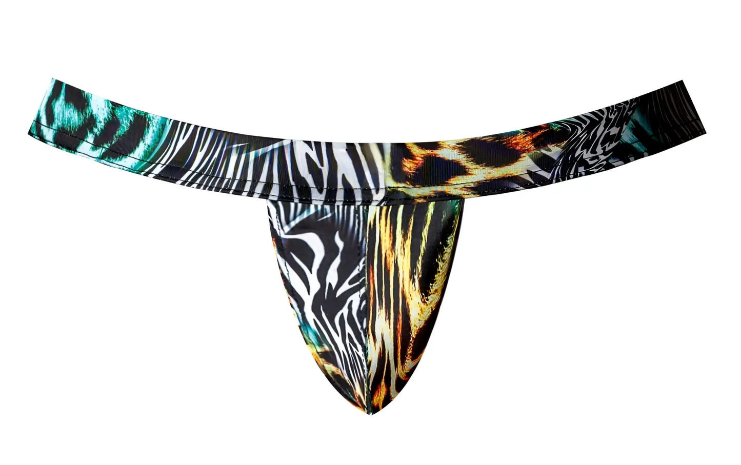 Male power 392-295 go wild sport jock multi animal patterned thong with bold zebra and leopard prints in black white teal gold and orange