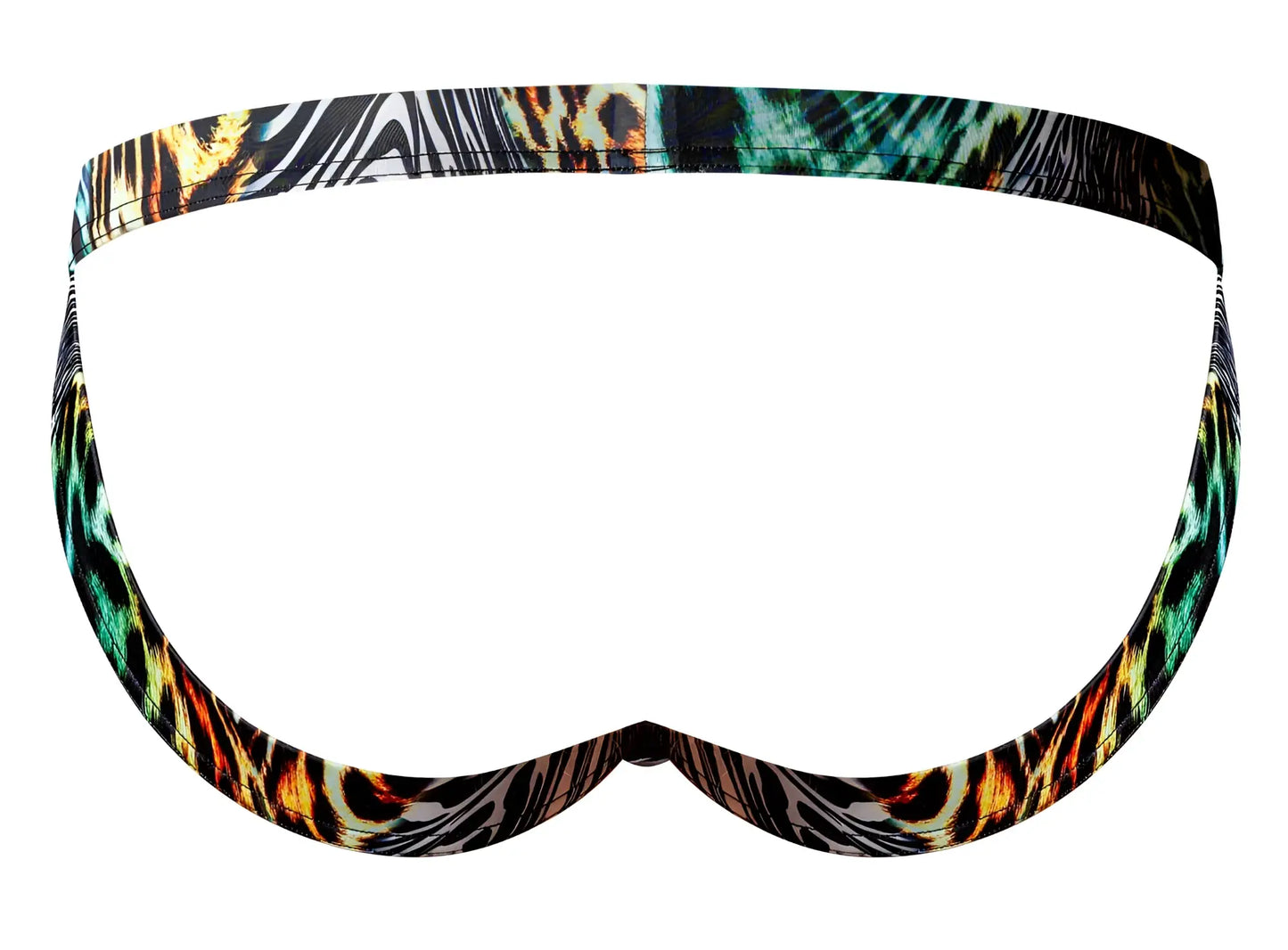 Male power 392-295 go wild sport jock swim trunks with vibrant orange teal black and white leopard and zebra prints