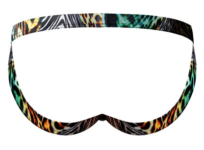Male power 392-295 go wild sport jock swim trunks with vibrant orange teal black and white leopard and zebra prints