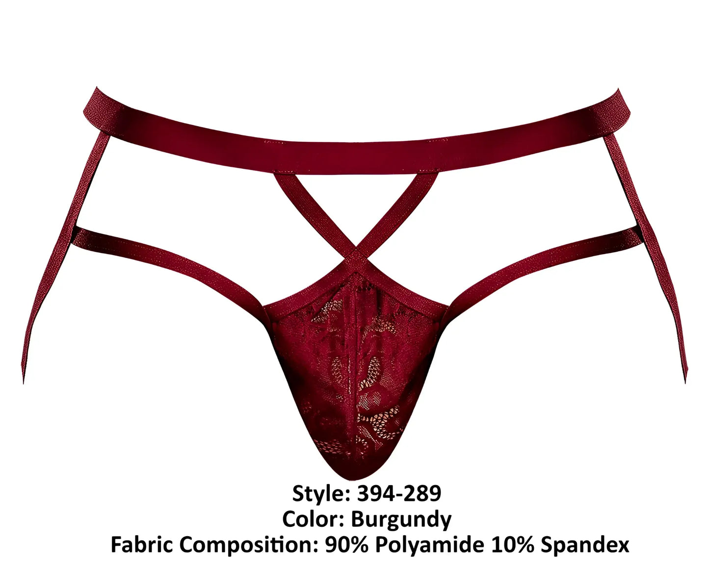 Burgundy lace thong with crisscross straps and elastic waistband from Male Power 394-289 Lucifer strappy jock collection