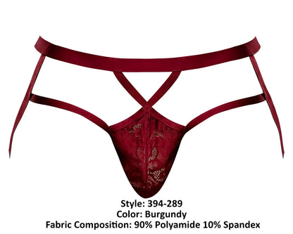 Burgundy lace thong with crisscross straps and elastic waistband from Male Power 394-289 Lucifer strappy jock collection