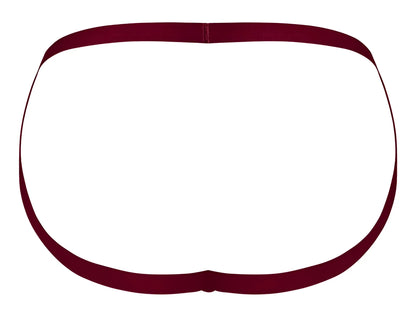 Male power 394-289 lucifer strappy jock in burgundy maroon elastic waistband briefs shown from the back side
