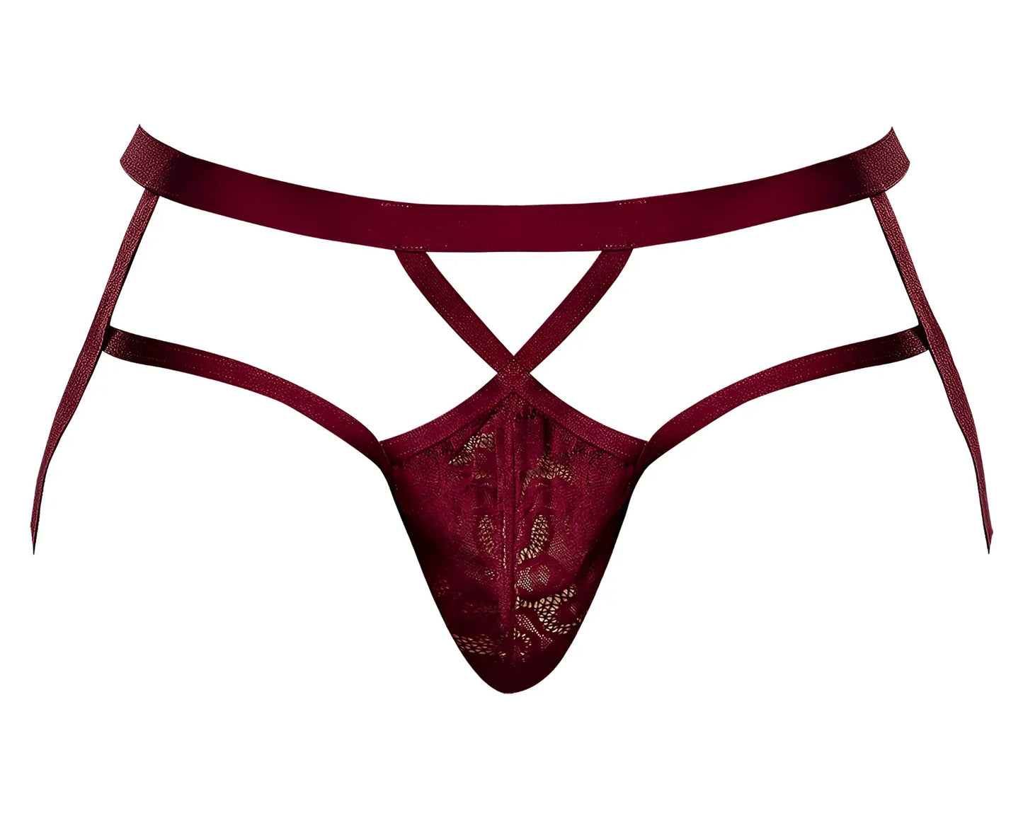 Male power 394-289 lucifer strappy jock in burgundy lace thong with crisscross straps and sheer patterned front panel