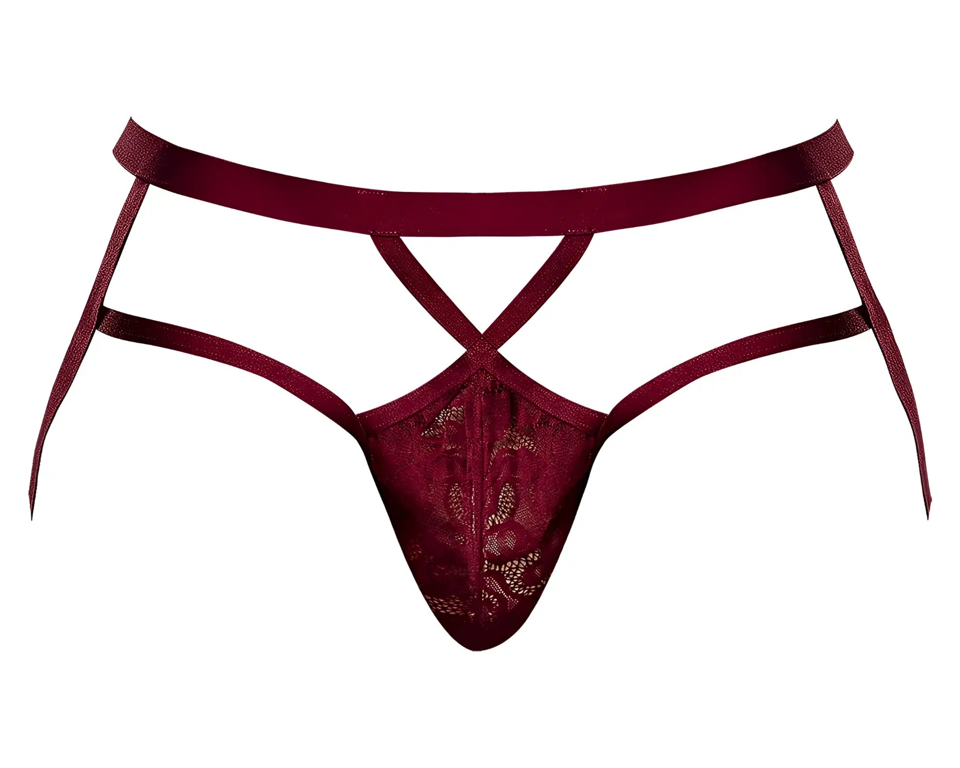 Male power 394-289 lucifer strappy jock in burgundy lace thong with crisscross straps and sheer patterned front panel