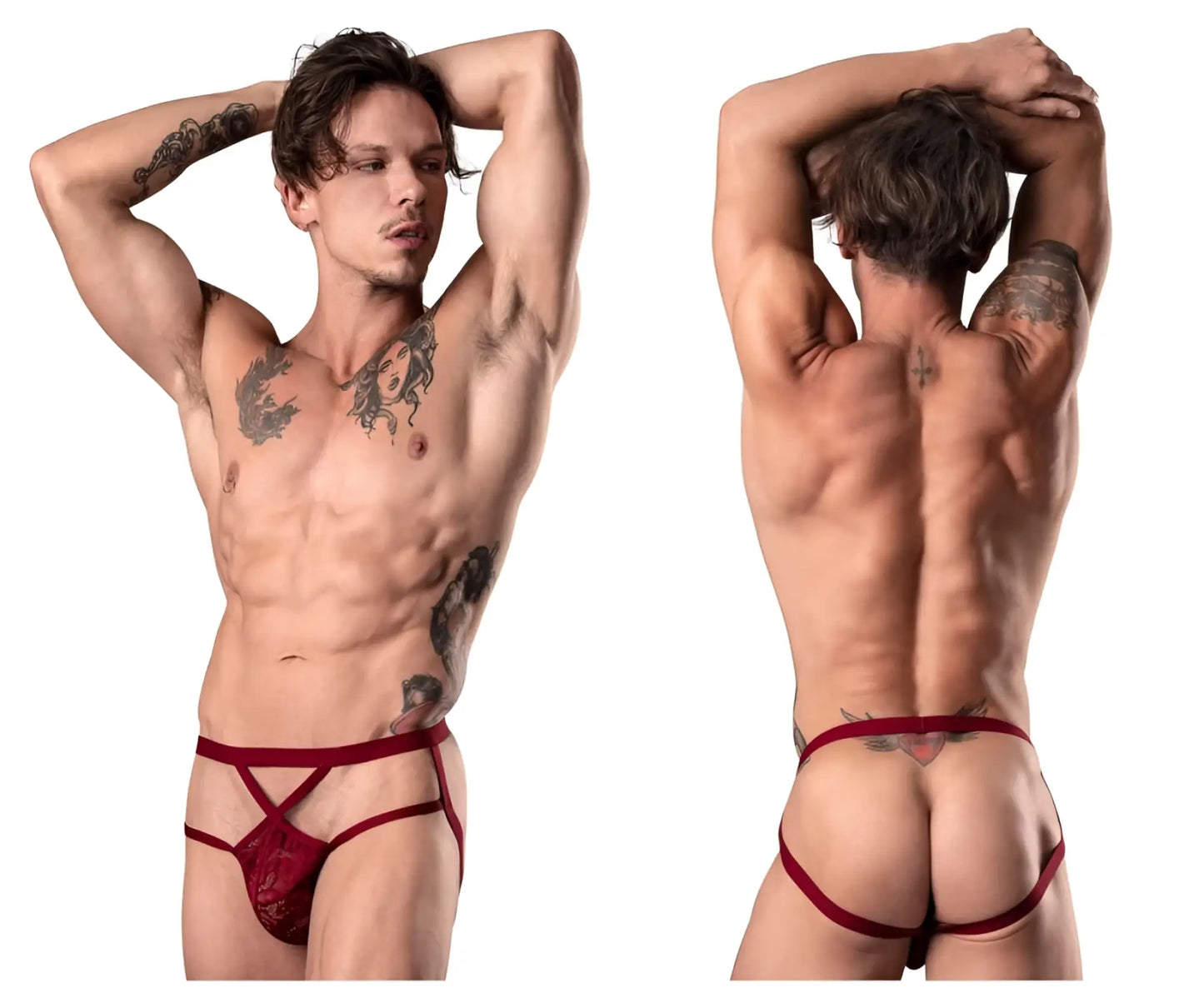 Male power 394-289 lucifer strappy jock in burgundy red lace thong with crisscross front and back strap shown from back