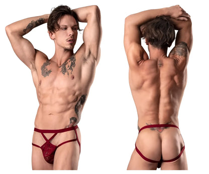 Male power 394-289 lucifer strappy jock in burgundy red lace thong with crisscross front and back strap shown from back