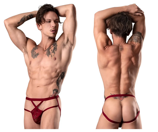 Male power 394-289 lucifer strappy jock in burgundy red lace thong with crisscross front and back strap shown from back