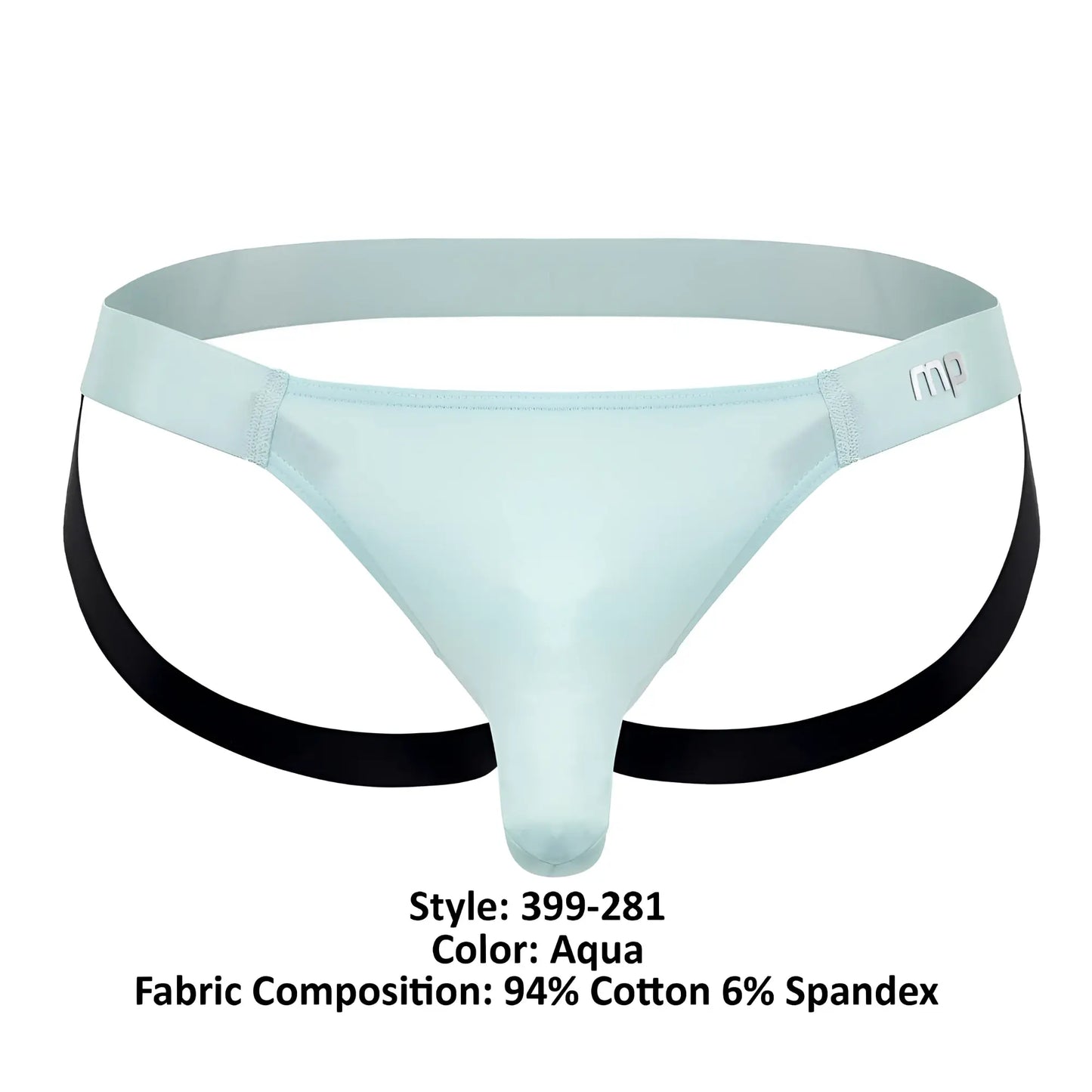 Male power 399-281 easy breezy jock sleeve aqua men’s thong with black straps and mp logo made of cotton spandex blend