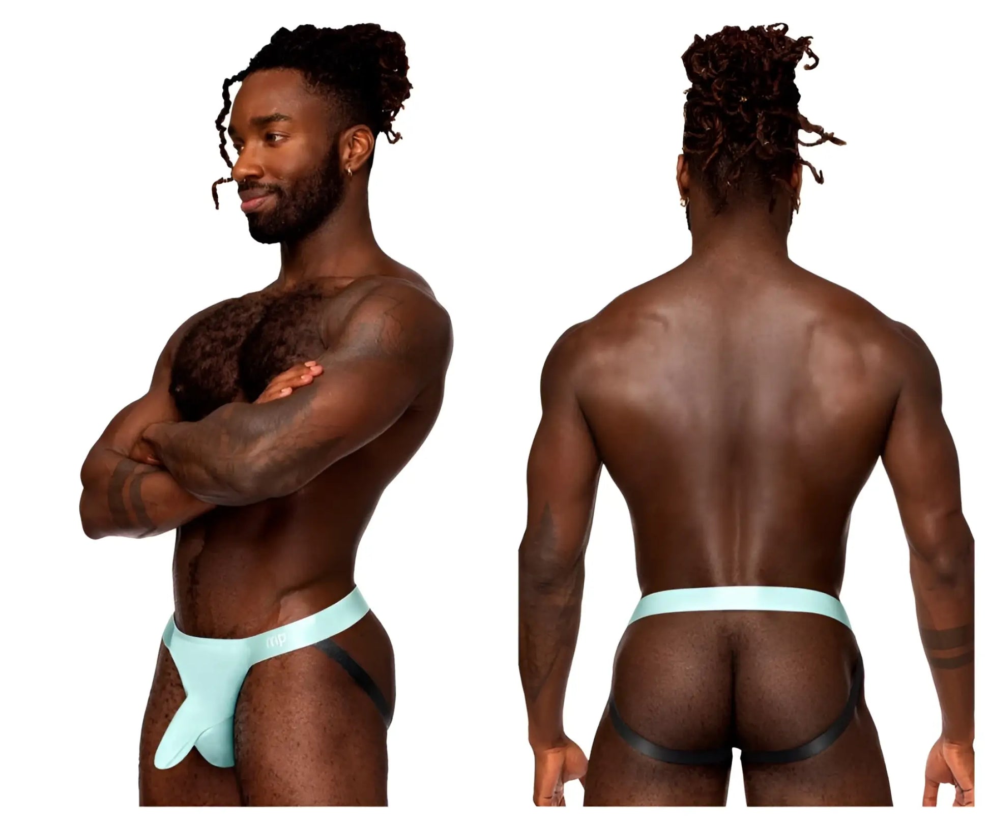 Male power 399-281 easy breezy jock sleeve athletic briefs in aqua with black and light blue contoured support design