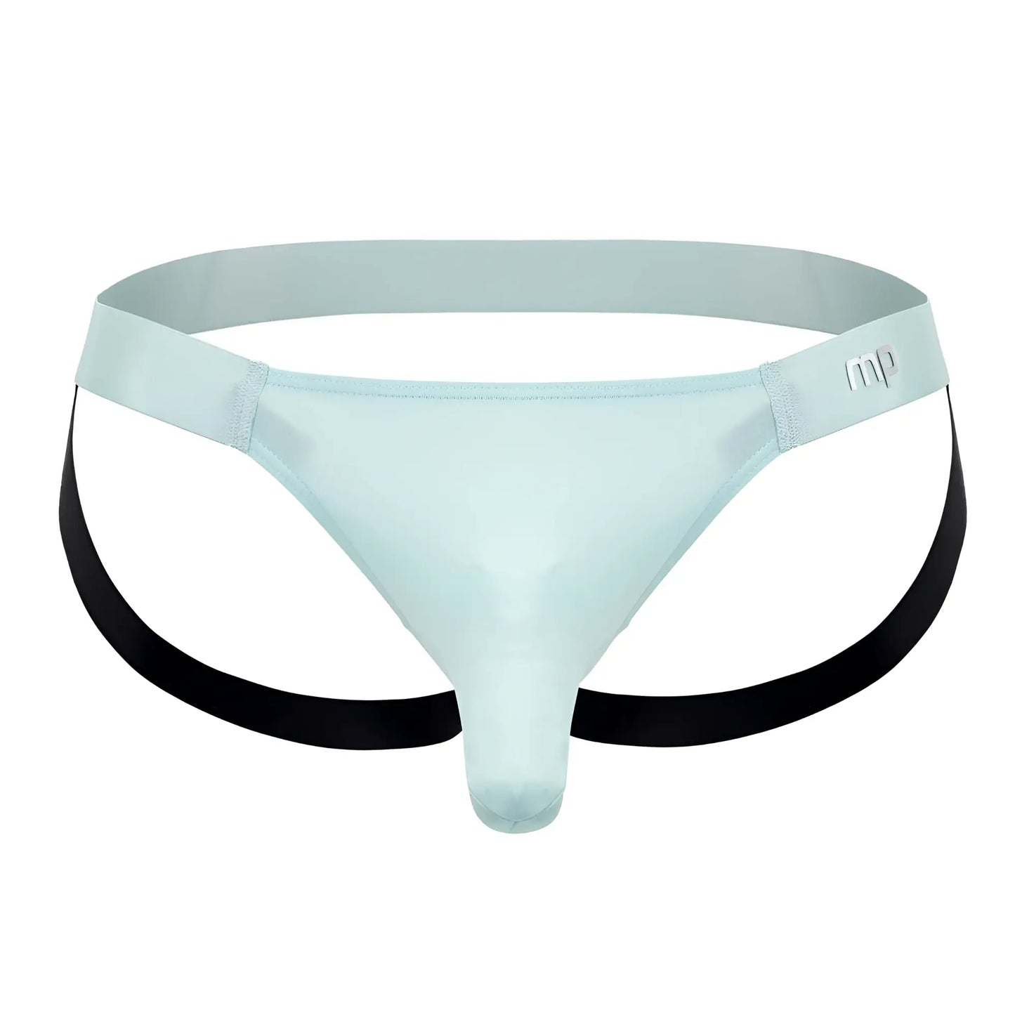 Light blue sheer nylon thong with black side straps and mp logo on waistband from male power 399-281 easy breezy jock sleeve