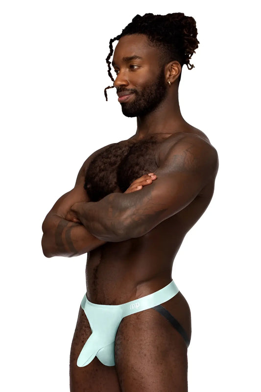 Light blue male power 399-281 easy breezy jock sleeve briefs with black trim and a sleek, form-fitting design