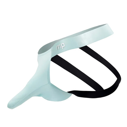 Male power 399-281 easy breezy jock sleeve in light blue smooth fabric with black elastic straps and subtle mp logo on waistband