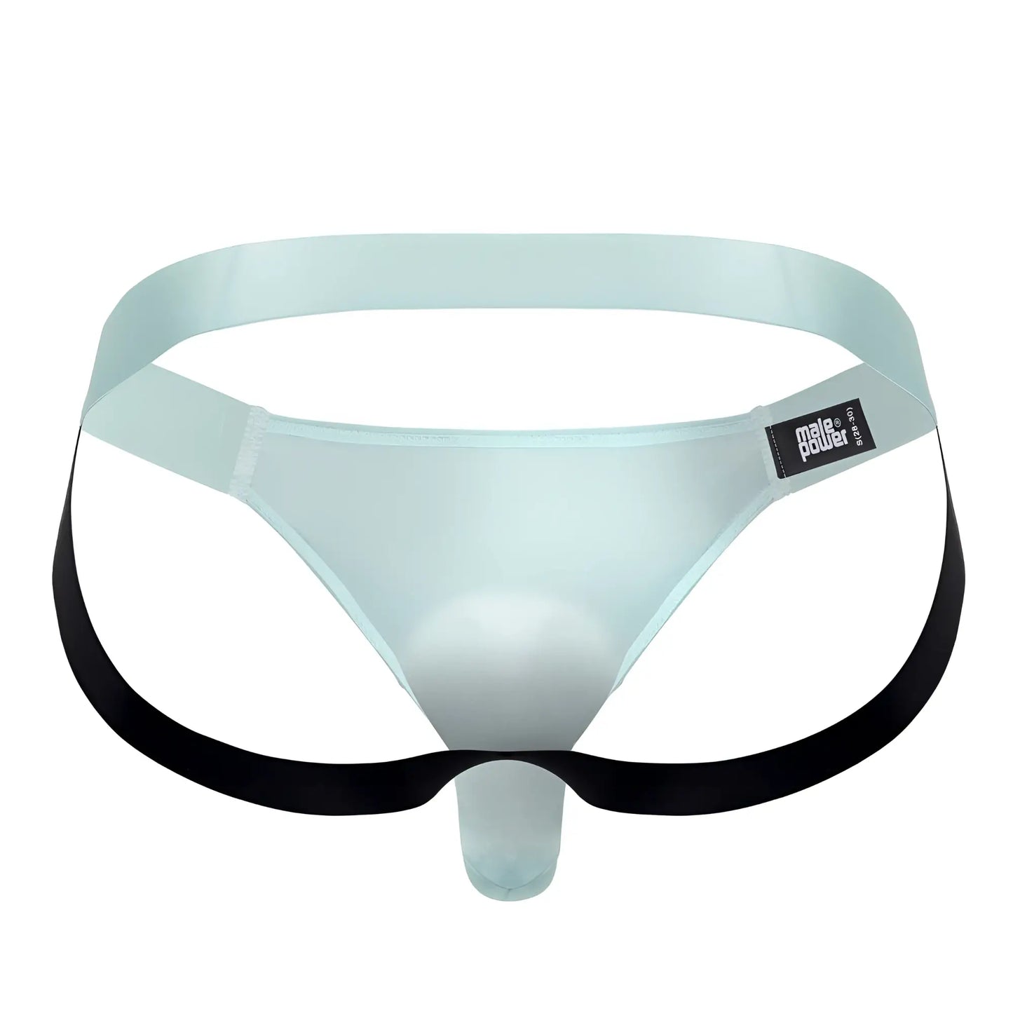 Male power aqua easy breezy jock sleeve featuring light blue translucent mesh briefs with black elastic side straps and branded tag