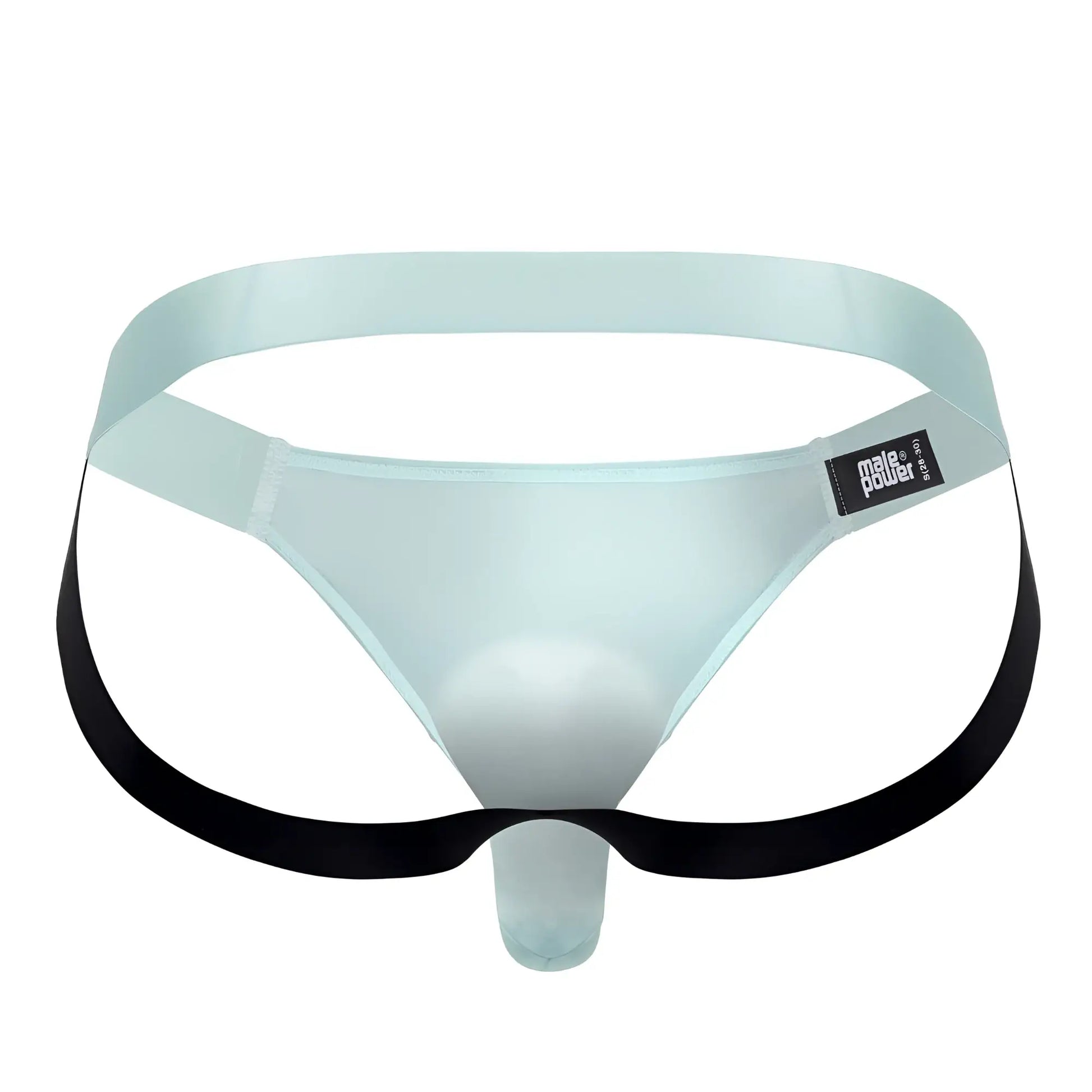Male power aqua easy breezy jock sleeve featuring light blue translucent mesh briefs with black elastic side straps and branded tag