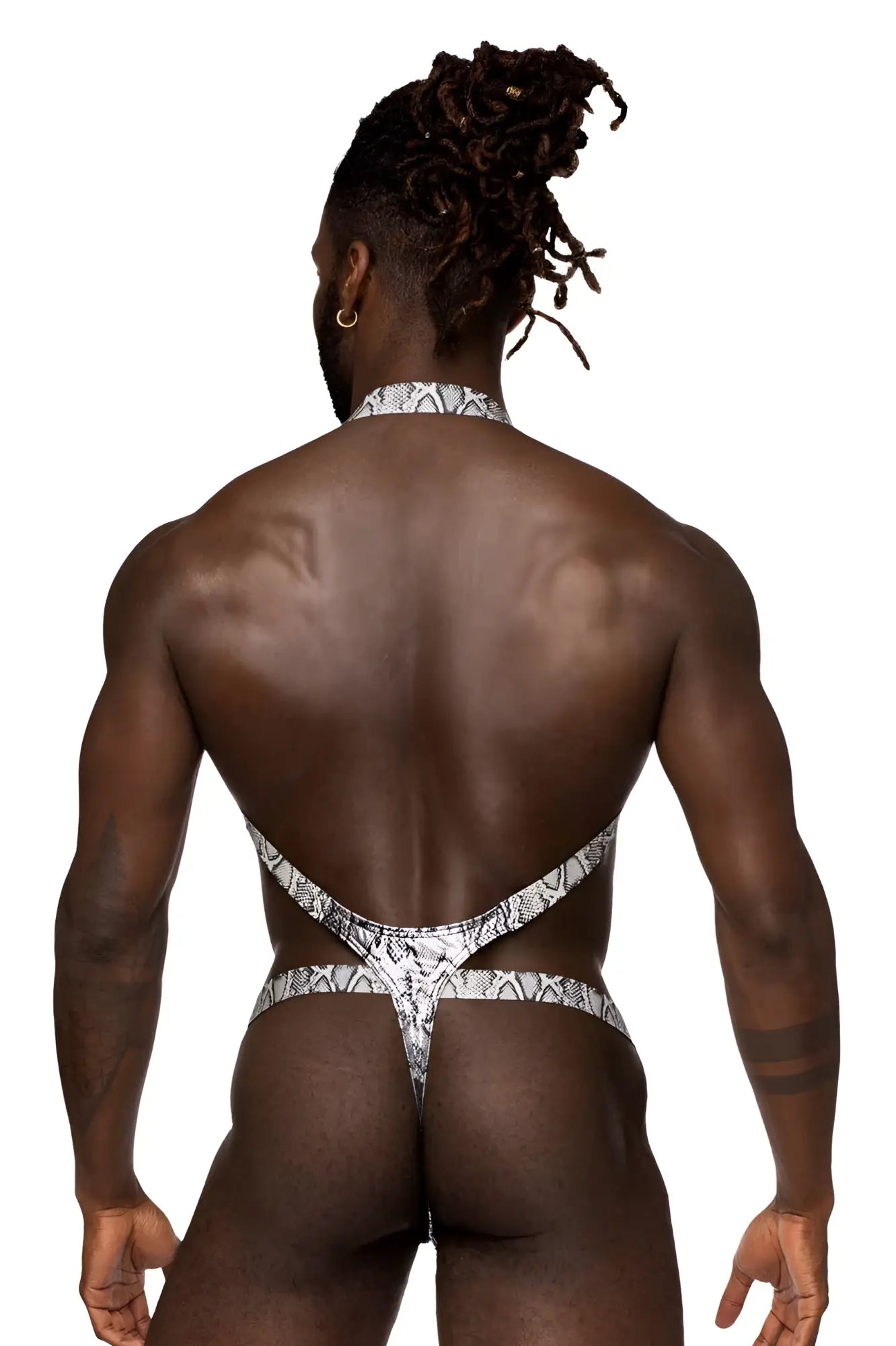 Male power 404-282 s-naked shoulder sling harness thong in silver-black snake print showing the back side