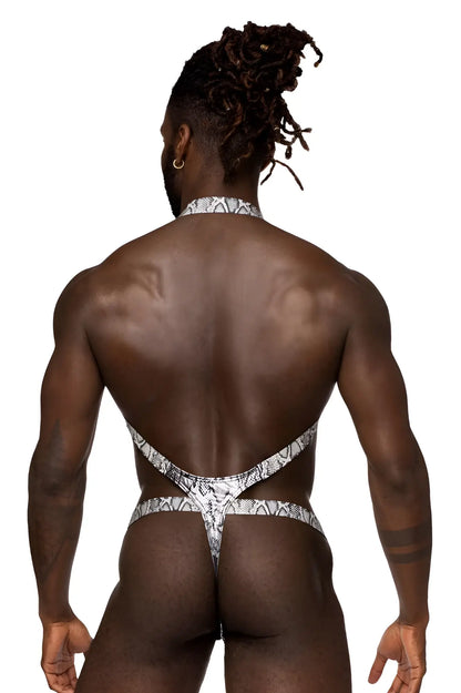 Male power 404-282 s-naked shoulder sling harness thong in silver-black snake print showing the back side