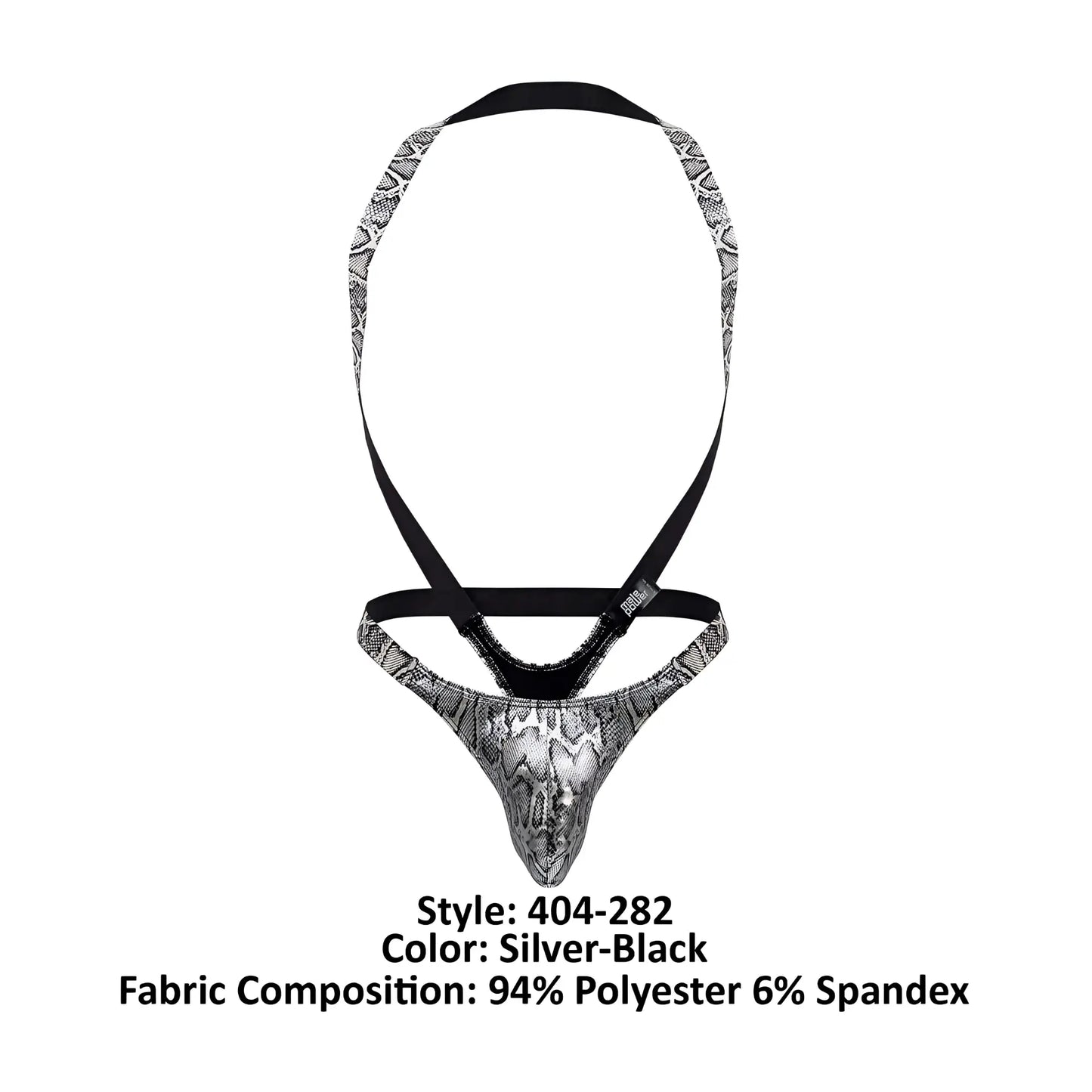 Male power silver-black snake-print briefs with black elastic straps part of s-naked shoulder sling harness thong set