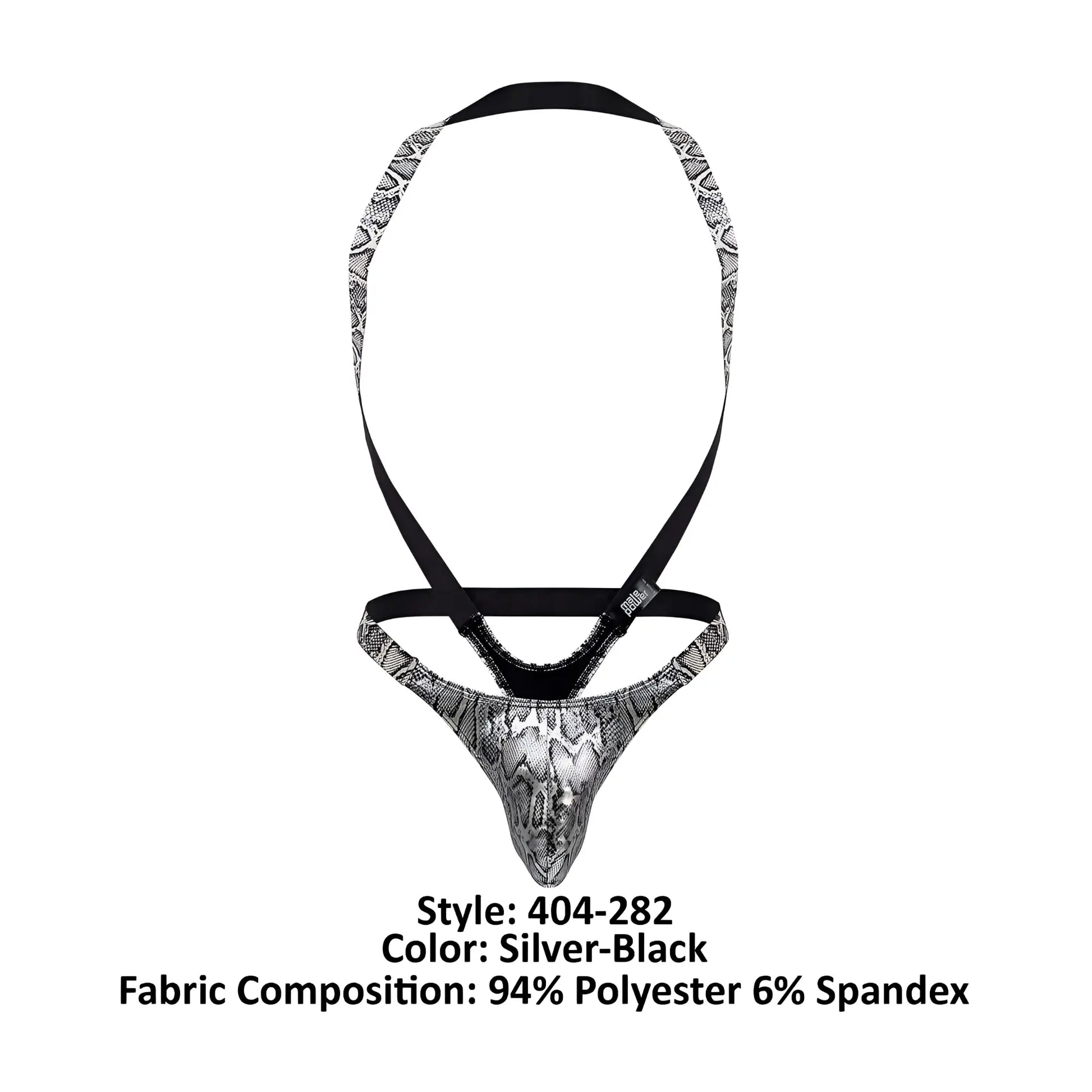 Male power silver-black snake-print briefs with black elastic straps part of s-naked shoulder sling harness thong set