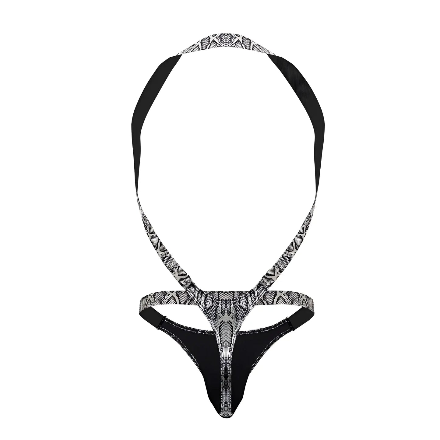 Male power 404-282 s-naked shoulder sling harness thong in black and silver snake-print with back strap design view