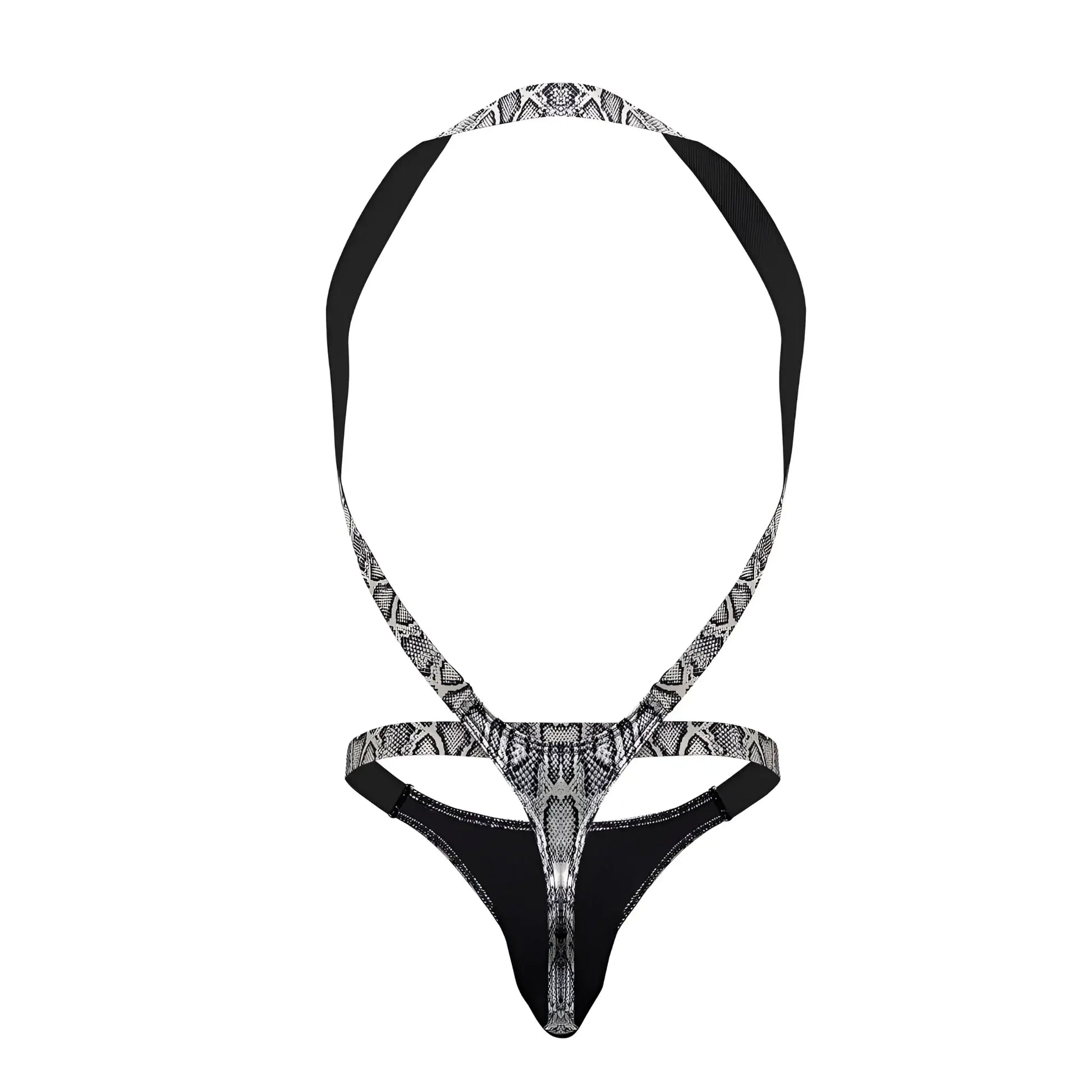Male power 404-282 s-naked shoulder sling harness thong in black and silver snake-print with back strap design view