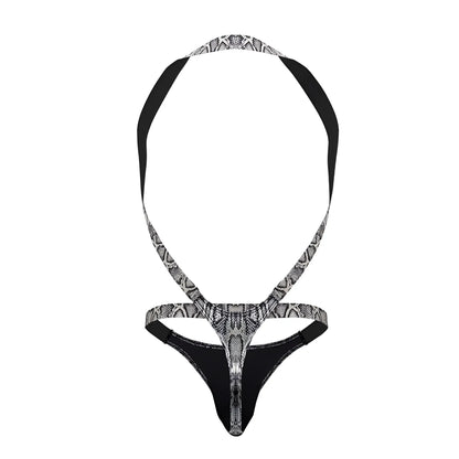 Male power 404-282 s-naked shoulder sling harness thong in black and silver snake-print with back strap design view