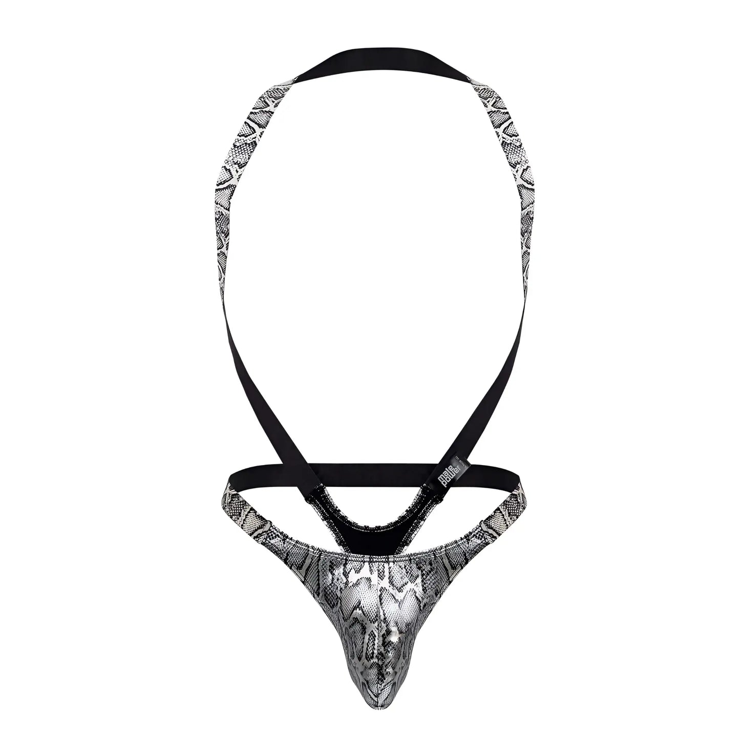 Male power silver and black snake-print men’s thong with adjustable straps and s-naked shoulder sling harness design
