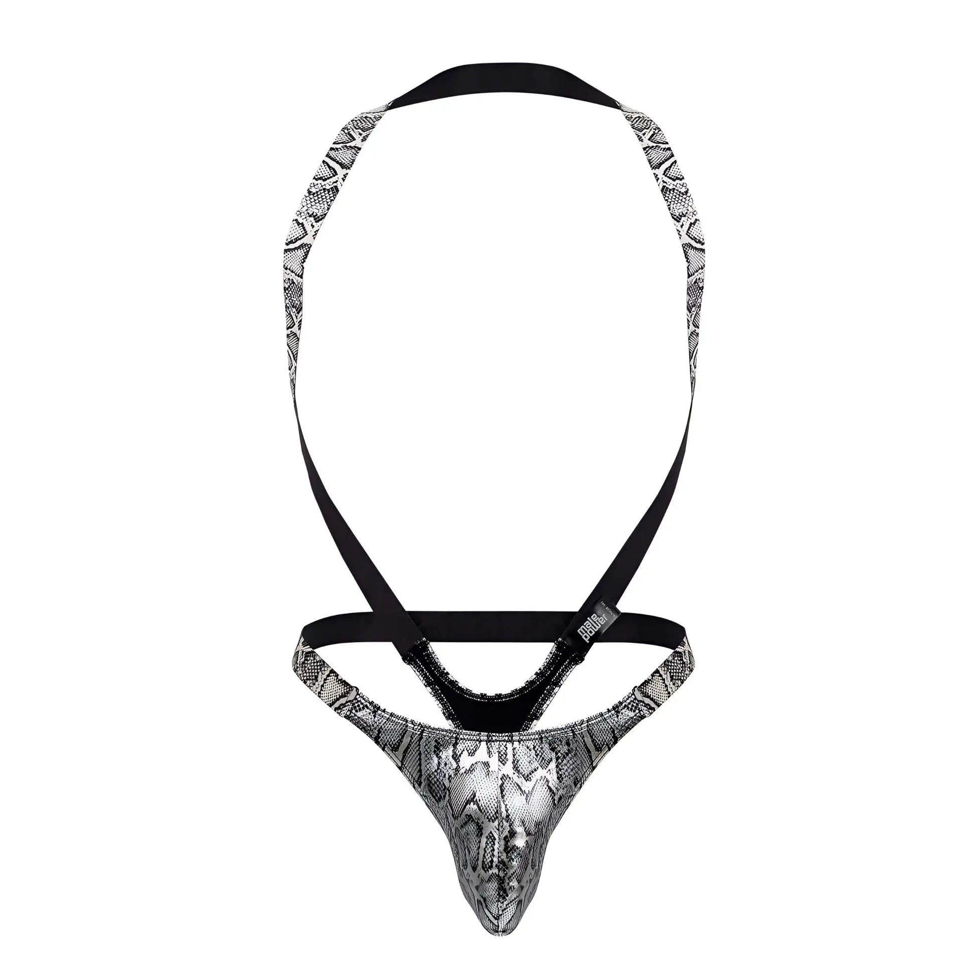 Male power silver and black snake-print men’s thong with adjustable straps and s-naked shoulder sling harness design