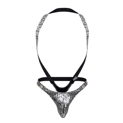 Male power silver and black snake-print men’s thong with adjustable straps and s-naked shoulder sling harness design