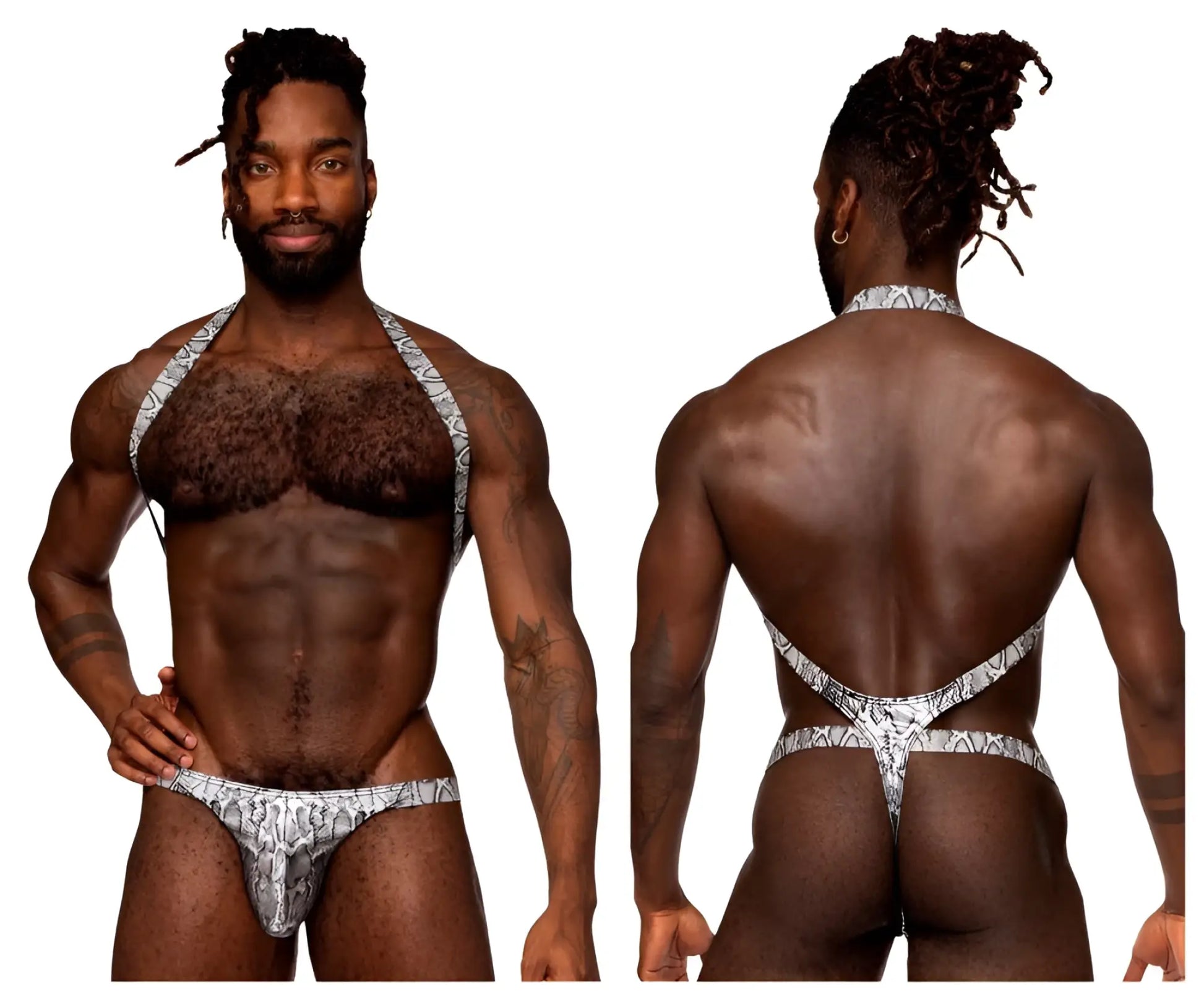 Silver and black snake-patterned men’s thong with halter-style straps from male power 404-282 harness collection