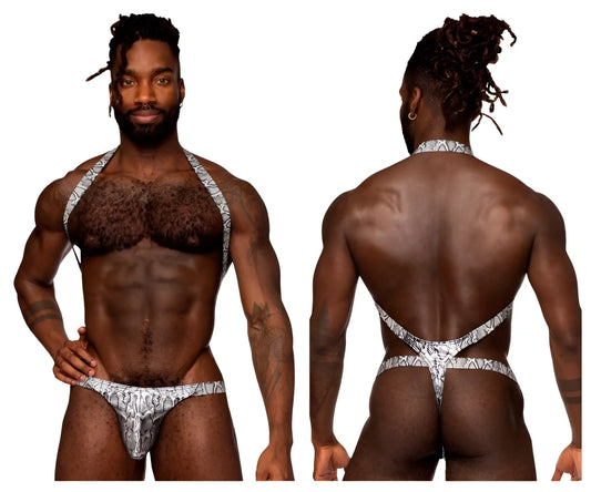 Silver and black snake-patterned men’s thong with halter-style straps from male power 404-282 harness collection