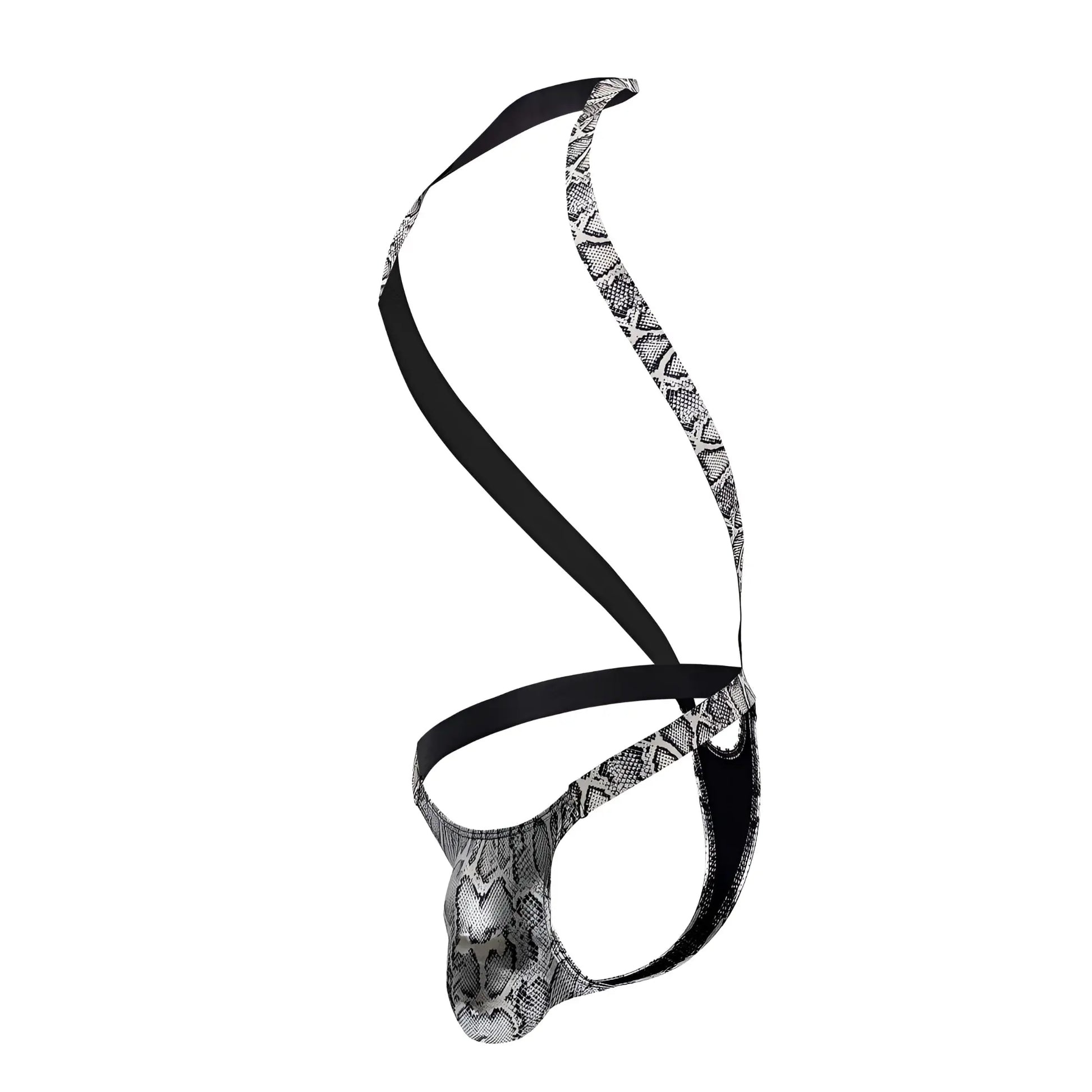 Male power 404-282 s-naked shoulder sling harness thong in silver-black with black and silver snake-print design and sleek fit