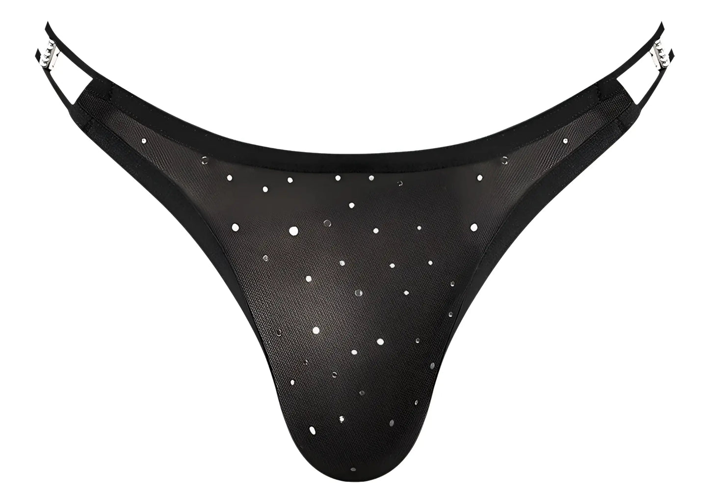 Male Power 407-288 Show Stopper silver mesh thong with black mesh, silver rhinestones, and adjustable metallic side straps