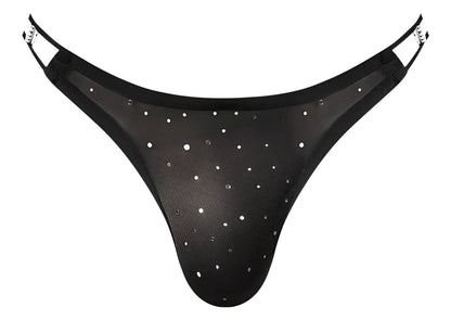 Male Power 407-288 Show Stopper silver mesh thong with black mesh, silver rhinestones, and adjustable metallic side straps