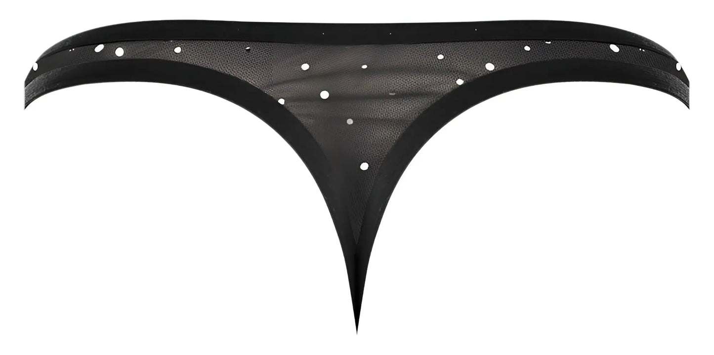Male power 407-288 show stopper thong in black sheer mesh with white dot embellishments front view