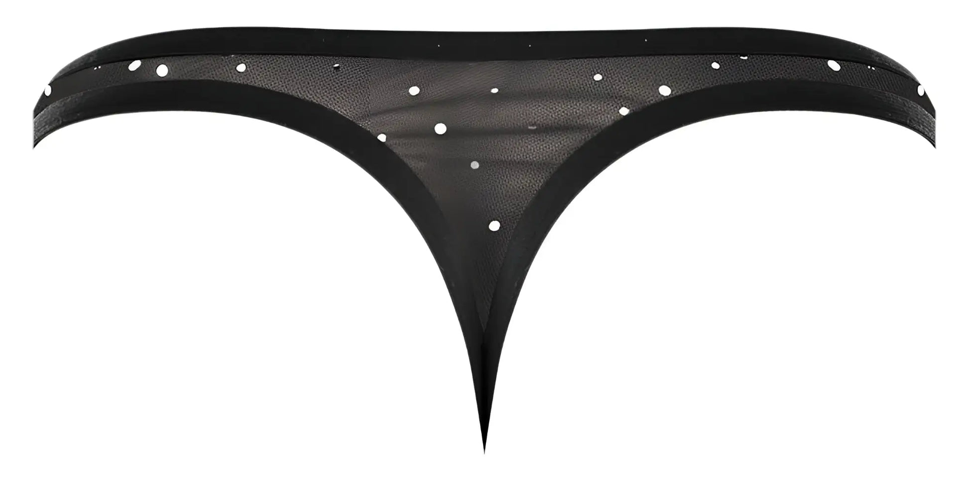 Male power 407-288 show stopper thong in black sheer mesh with white dot embellishments front view