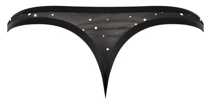 Male power 407-288 show stopper thong in black sheer mesh with white dot embellishments front view