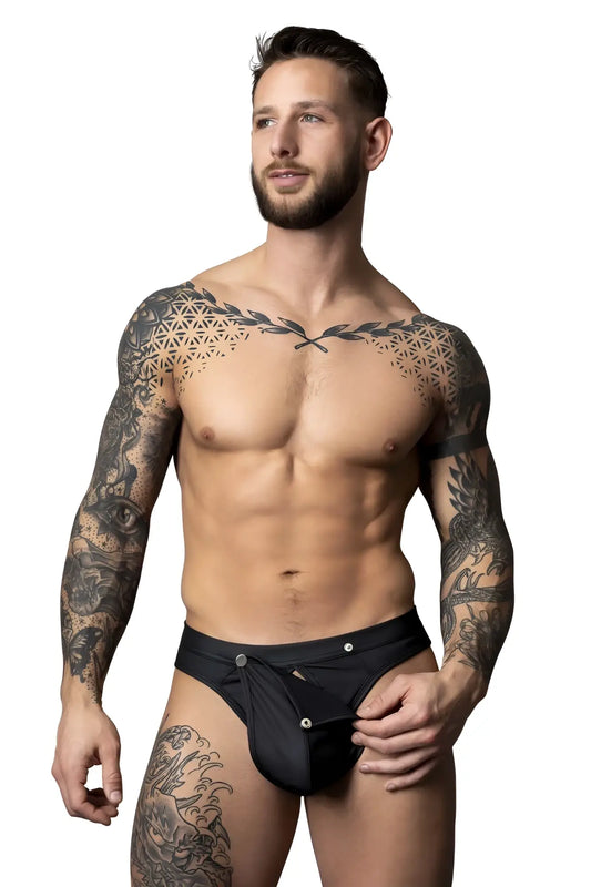 Black male power 410-298 oh snap snap off thong with front closure and three silver-toned buttons in form-fitting fabric