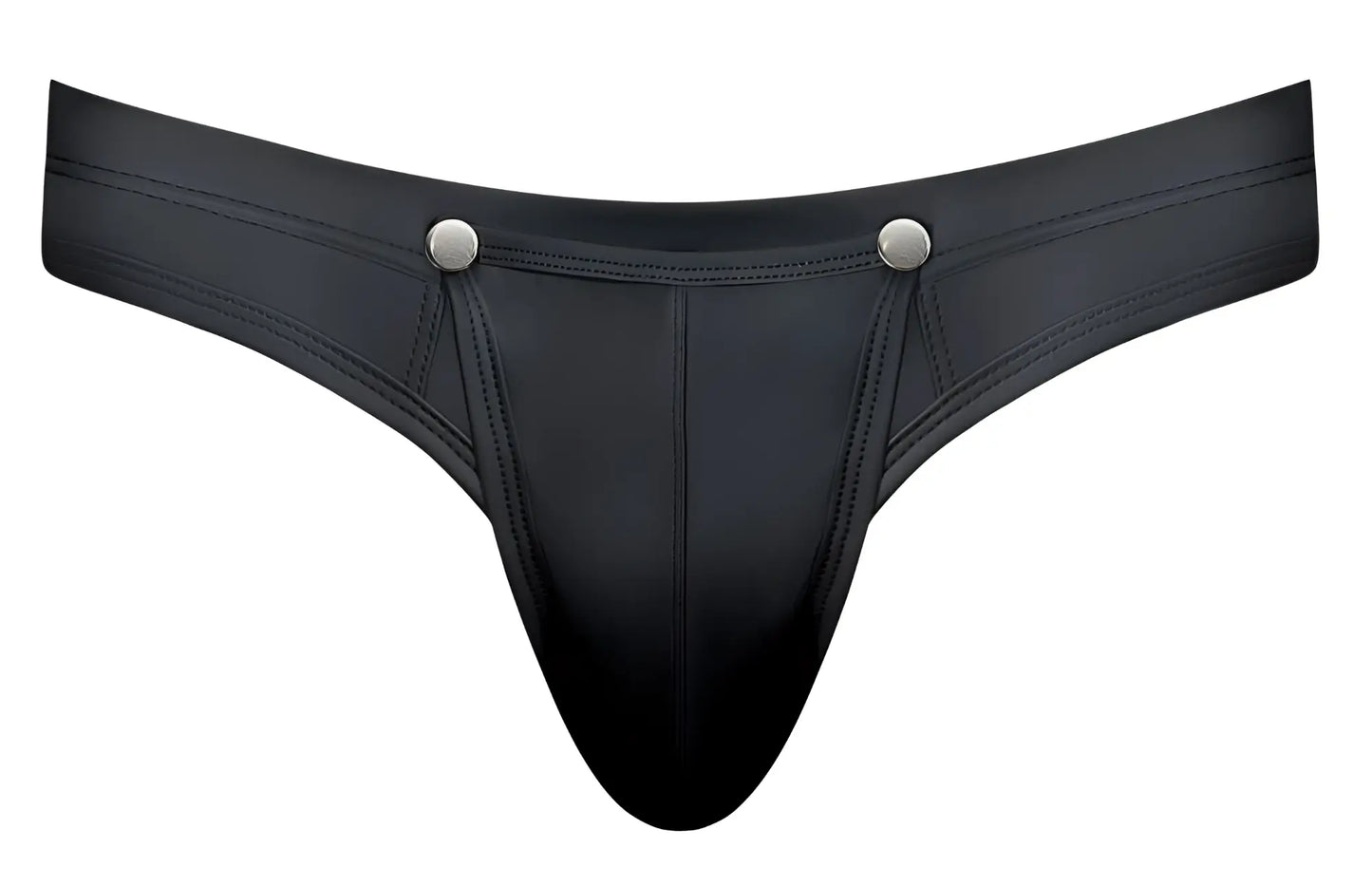 Male power 410-298 oh snap snap off black leather thong with silver snap buttons at the waistband