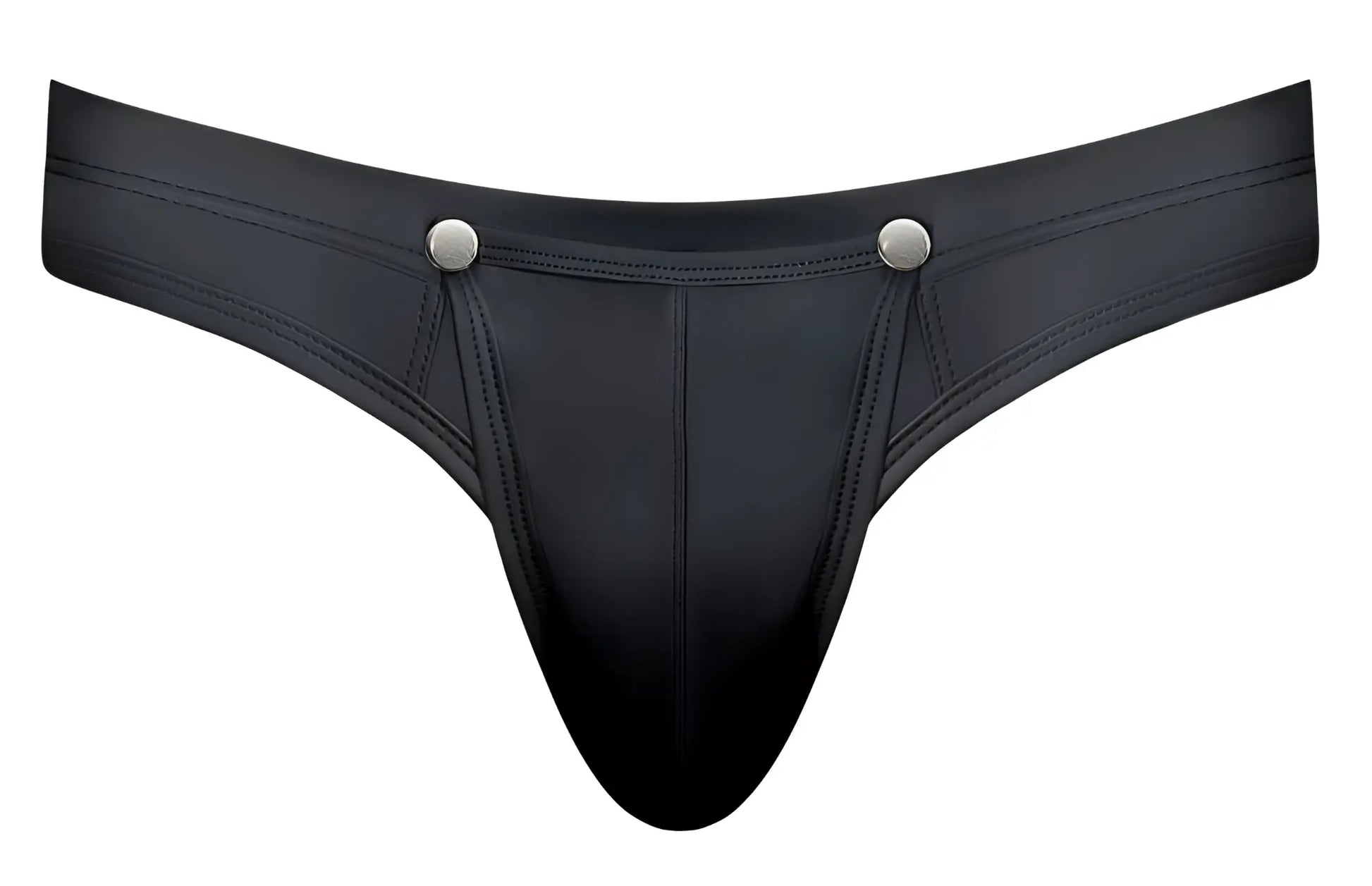 Male power 410-298 oh snap snap off black leather thong with silver snap buttons at the waistband