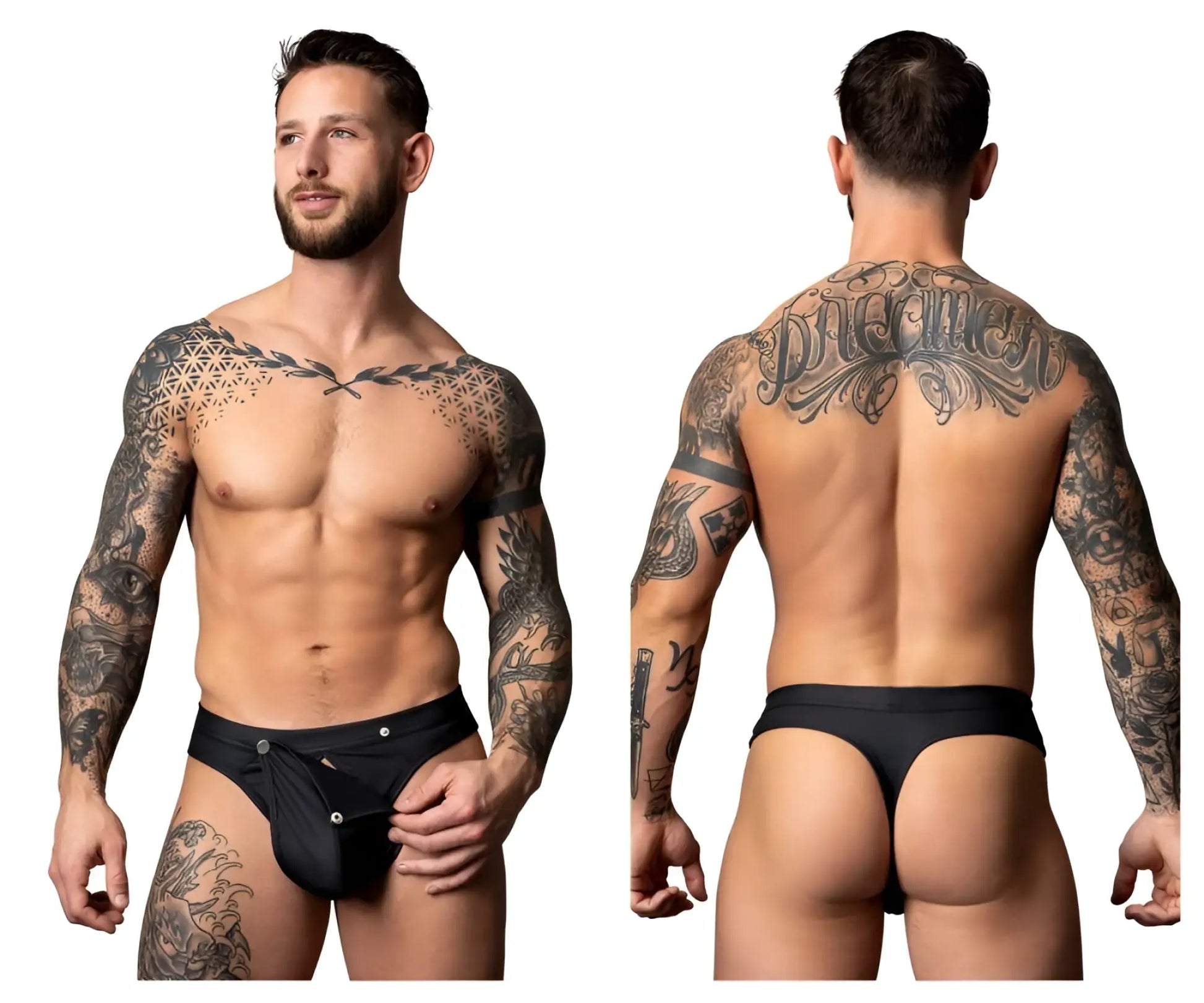 Male power 410-298 black thong with silver button closures showing back side for intimate wear and comfort