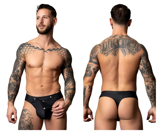 Male power 410-298 black thong with silver button closures showing back side for intimate wear and comfort